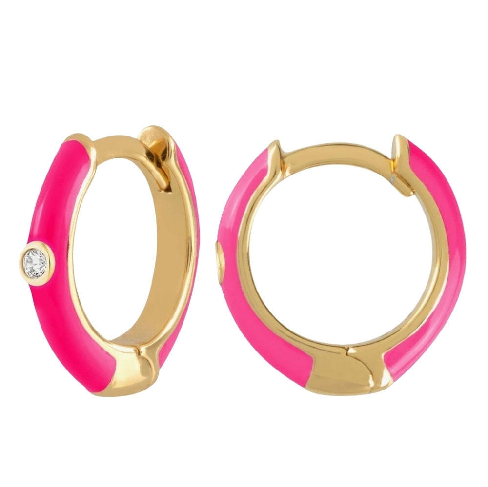 Little Dark Hot Pink Gold Hinged Hoops Enamel Hoop Earrings Rhinestone Crystal